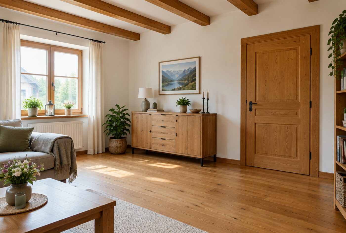 Heller Wohnraum mit Holzbalkendecke und Holztür