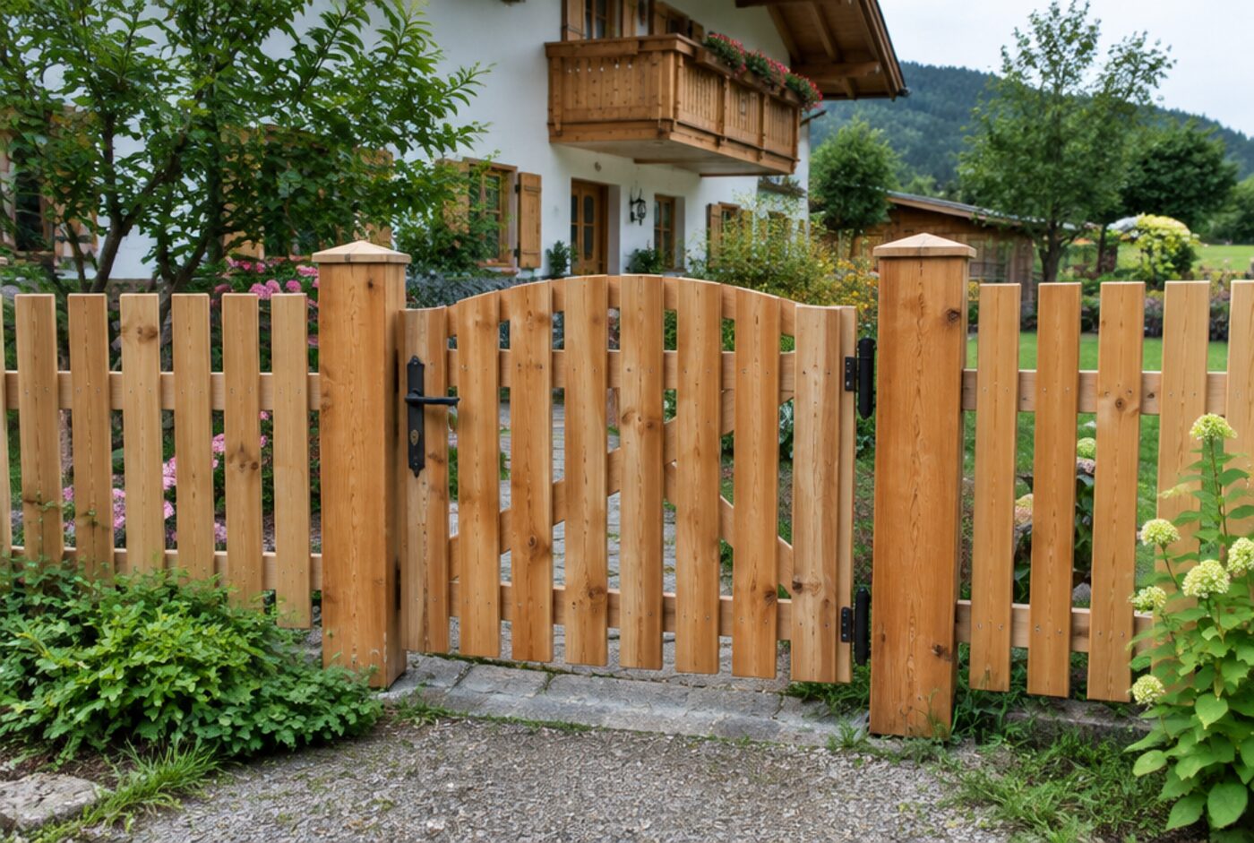 Holztor und Holzzaun an einem Garten
